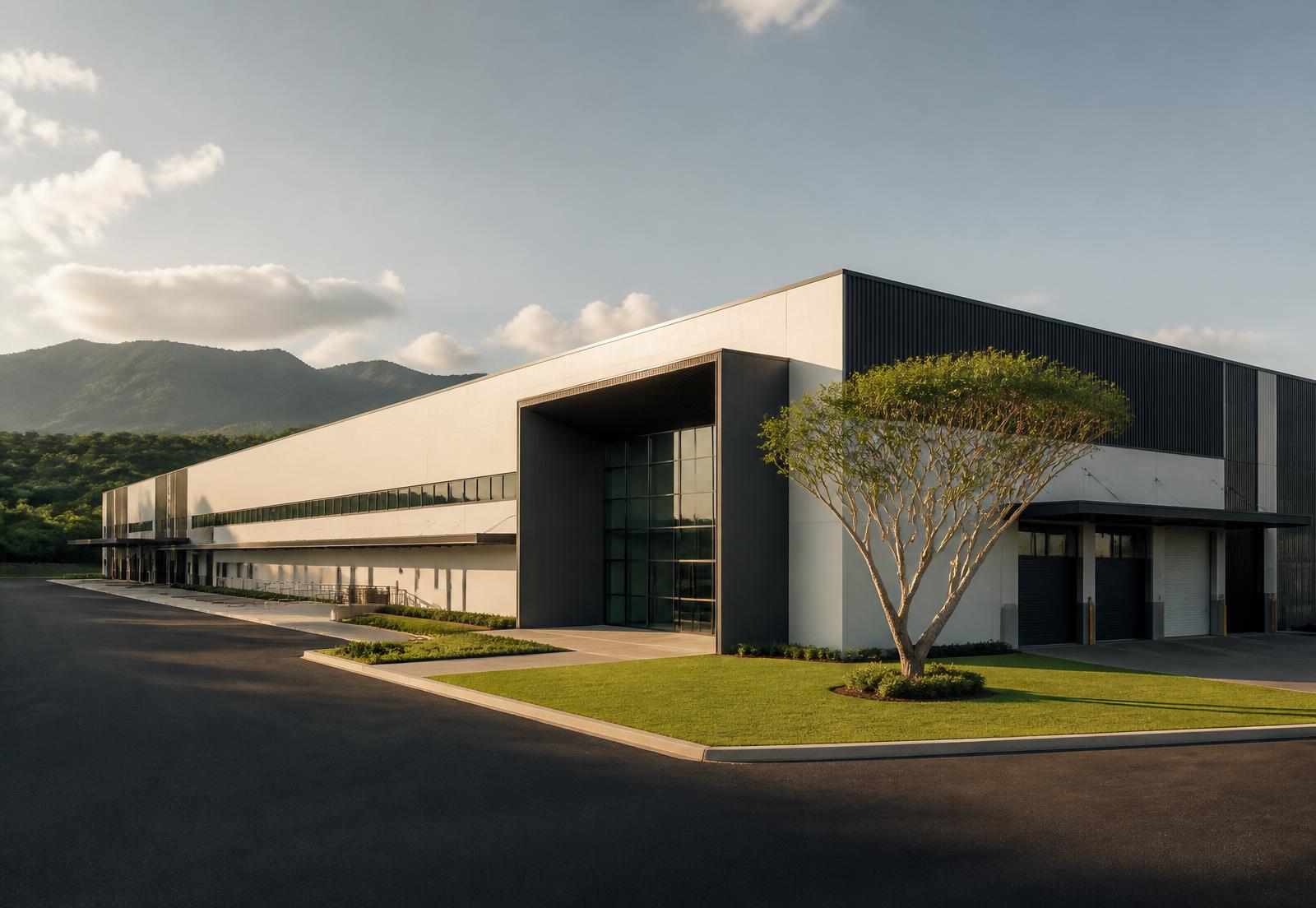 Bodega premium contemporánea con fachada blanca y acero carbón, rodeada de jardines