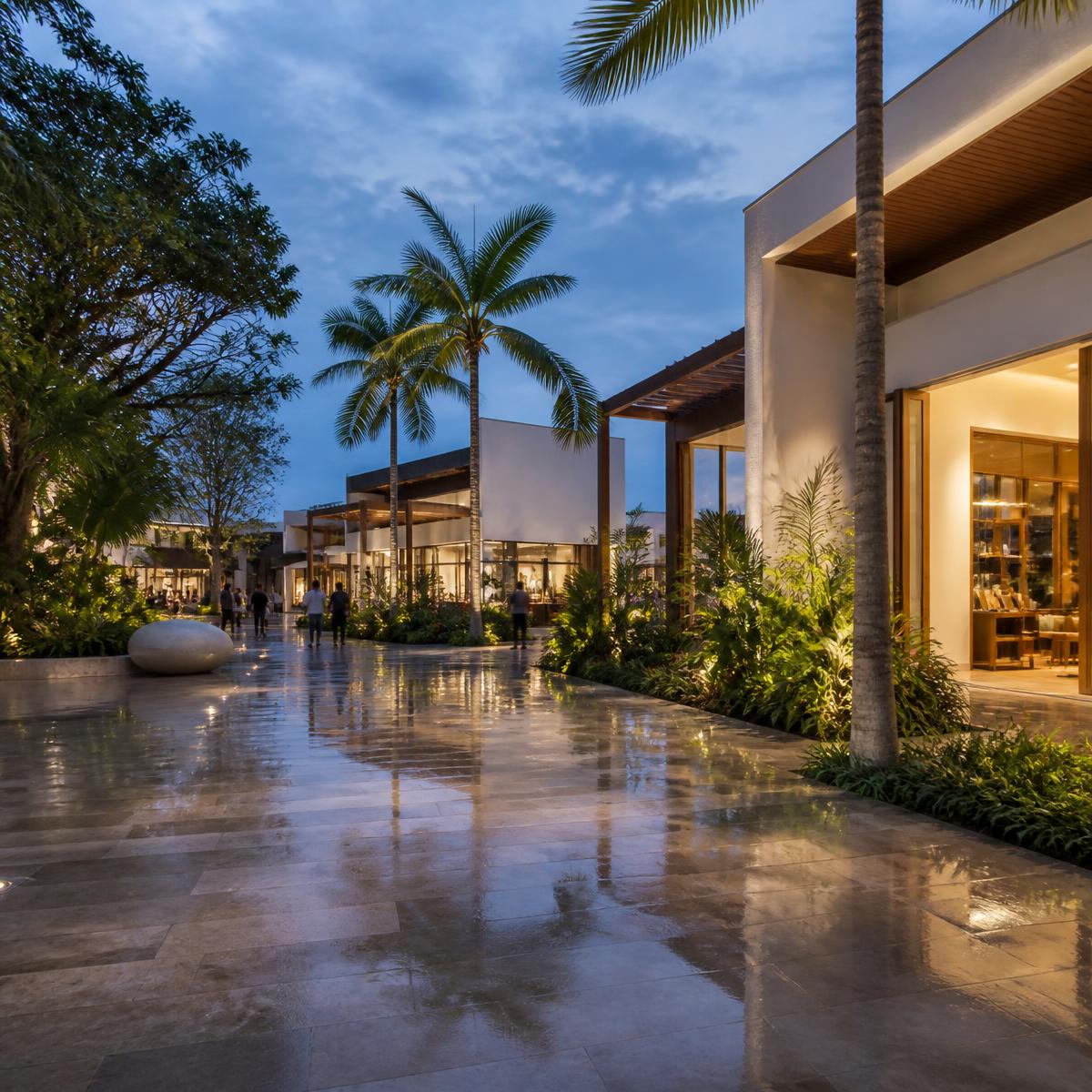 Plaza comercial al aire libre iluminada al anochecer