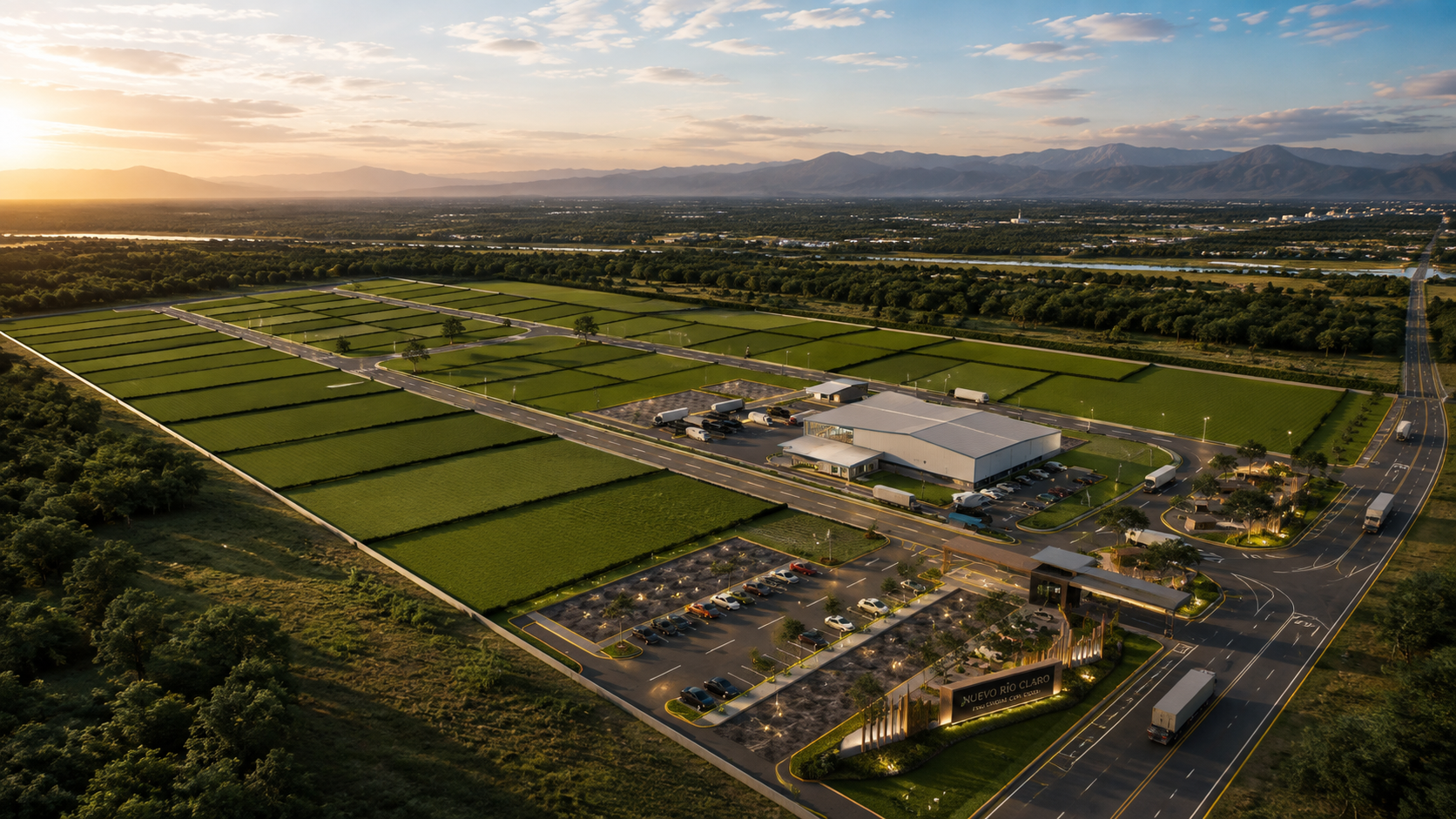 Vista aérea del master plan de Nuevo Río Claro: lotes urbanizados, vialidad, acceso principal y edificio comercial